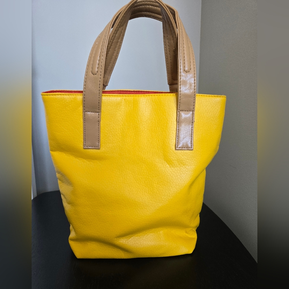 Faux Leather Yellow Tote Bag with Tan Handles